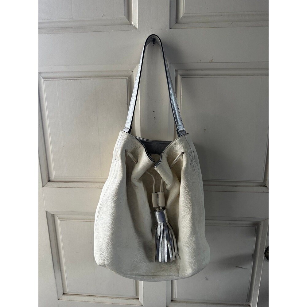 Alessandro Mari White Genuine Italian Leather Drawstring Bucket Shoulder Bag